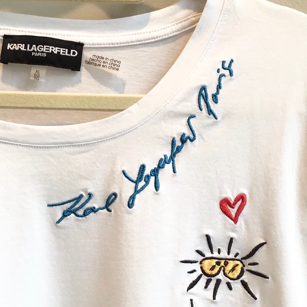 Karl Lagerfeld Embroidered Logo Whimsy Short Sleeve Tee Sketch Artwork Paris - Picture 6 of 15